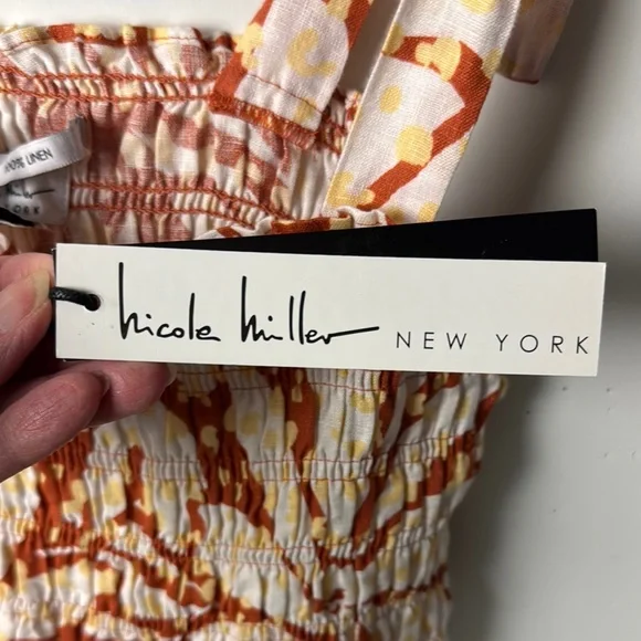 Nicole Miller NWT SZ XS Linen Orange,Cream,Yellow Sun Mini Dress w/Smocking - Picture 7 of 16